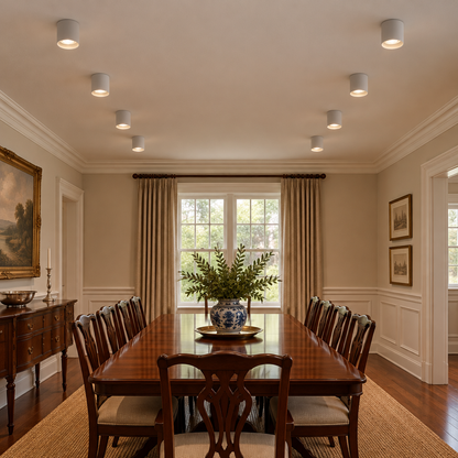 Pico LED Surface Mount Spotlight, Set of 10 White, in a colonial style dining room with wainscoting and a mahogany table