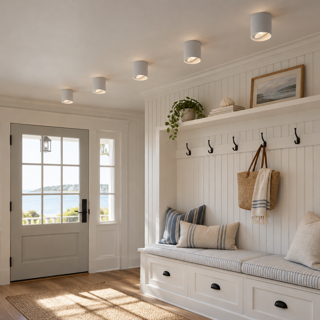 Pico LED Surface Mount Spotlight, Set of 5 White, in a coastal New England cottage entryway with beadboard and a bench