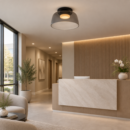 Tiera Layered Glass Ceiling Light, Single Smoke grey, in a medical spa reception area in a suburban office park