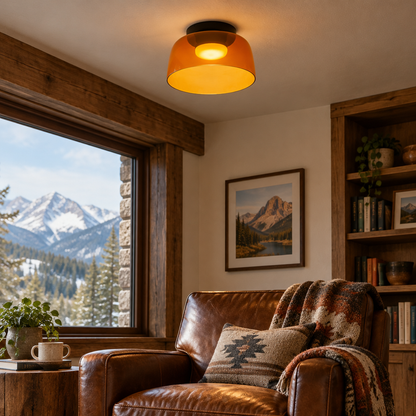 Tiera Layered Glass Ceiling Light, Single Orange, in a Colorado mountain home reading nook with a leather armchair