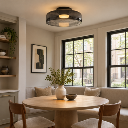 Tiera Layered Glass Ceiling Light, Single Smoke grey, in an Atlanta townhouse breakfast nook with a round table