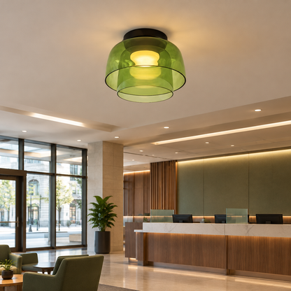 Tiera Layered Glass Ceiling Light, Double Green, in a bank branch lobby in a U.S. city