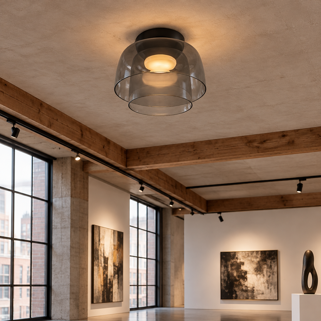 Tiera Layered Glass Ceiling Light, Double Smoke grey, in an art gallery in a converted downtown loft