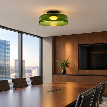 Tiera Layered Glass Ceiling Light, Single Green, in a corporate conference room in a Class A office building