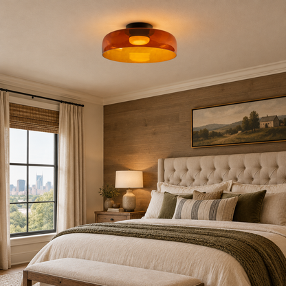 Tiera Layered Glass Ceiling Light, Single Orange, in a Nashville modern farmhouse primary bedroom with a tufted headboard