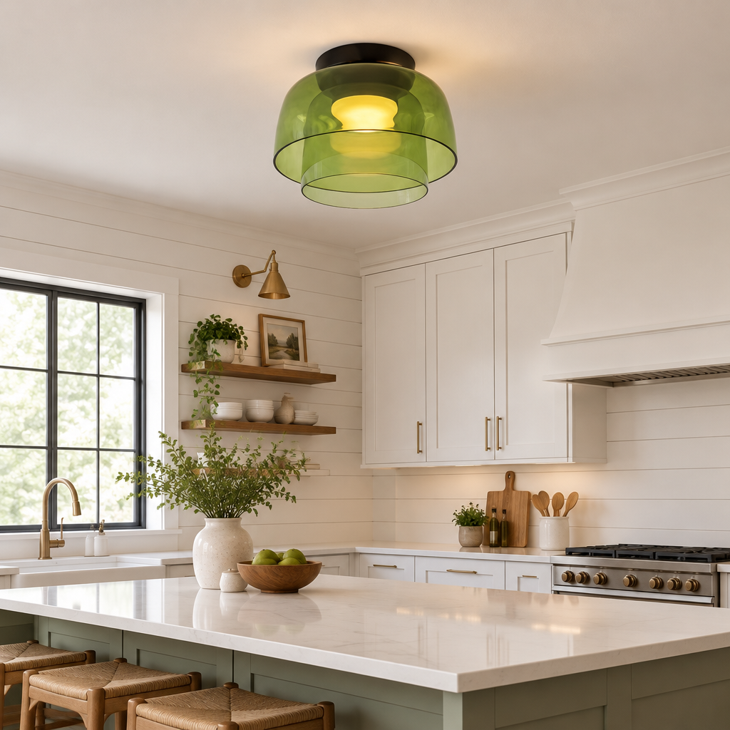 Tiera Layered Glass Ceiling Light, Double Green, in a modern farmhouse kitchen with a white quartz island and shiplap walls