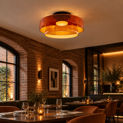 Tiera Layered Glass Ceiling Light, Double Orange, in an upscale restaurant dining room in a renovated brick building