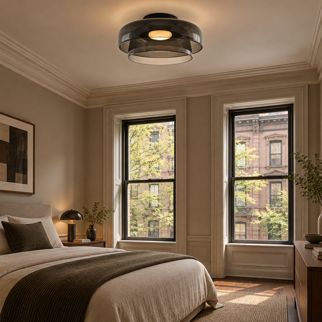 Tiera Layered Glass Ceiling Light, Double Smoke grey, in an East Coast brownstone bedroom with tall sash windows and crown molding
