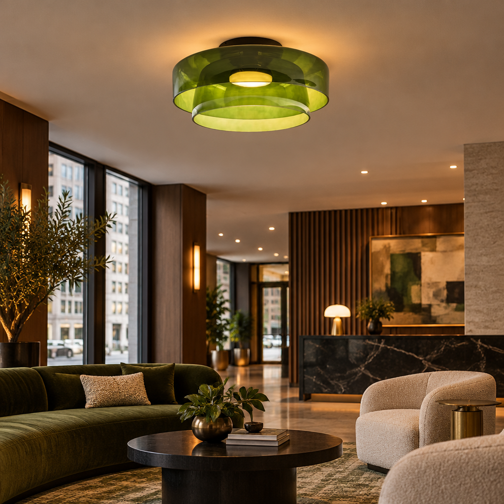 Tiera Layered Glass Ceiling Light, Double Green, in a boutique hotel lobby lounge in a downtown U.S. city building