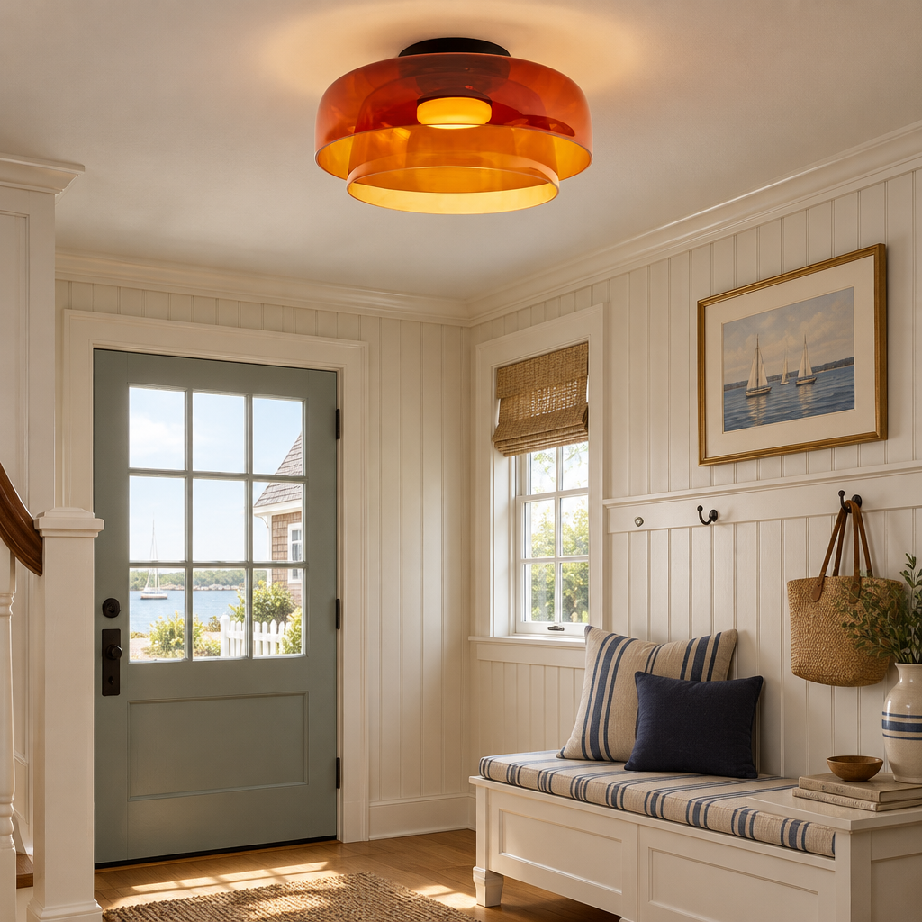 Tiera Layered Glass Ceiling Light, Double Orange, in a coastal New England cottage entryway with beadboard and a bench