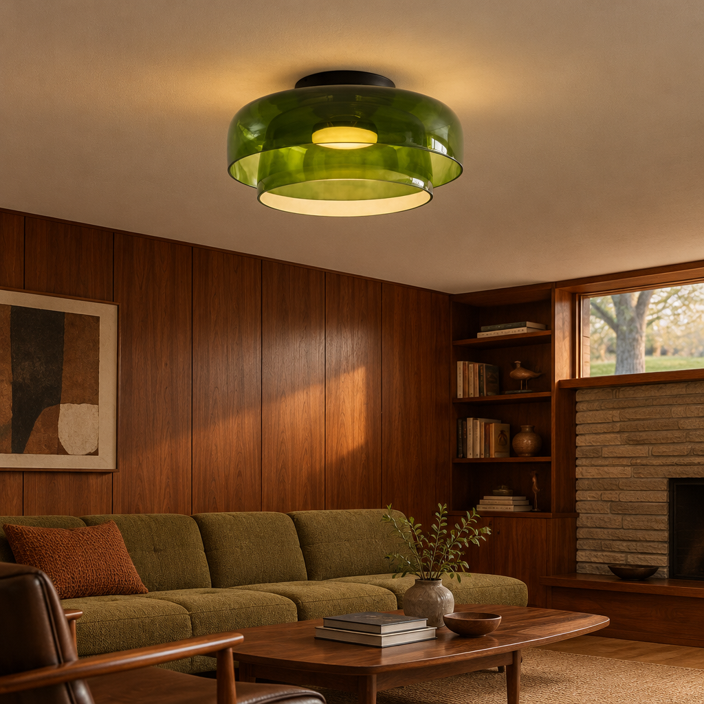 Tiera Layered Glass Ceiling Light, Double Green, in a mid-century ranch house den with walnut paneling and a low sofa
