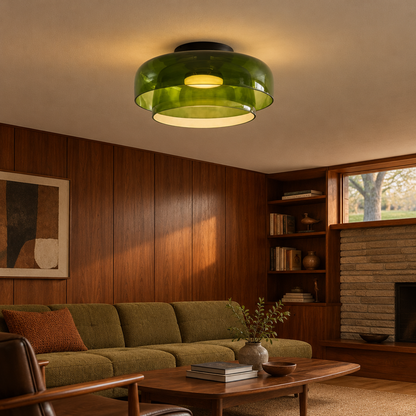 Tiera Layered Glass Ceiling Light, Double Green, in a mid-century ranch house den with walnut paneling and a low sofa