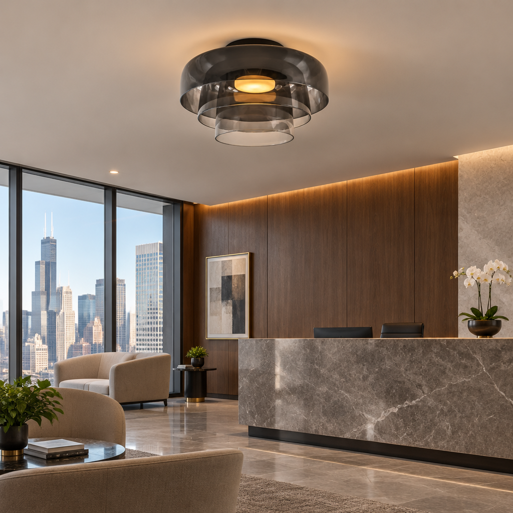 Tiera Layered Glass Ceiling Light, Triple Smoke grey, in a modern law office reception area in a U.S. high rise