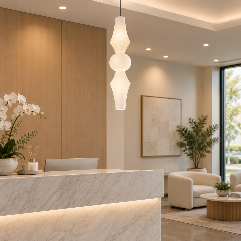 Kumo Washi Paper Pendant Light in a medical spa reception area in a suburban office park