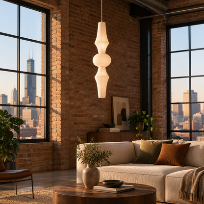 Kumo Washi Paper Pendant Light in a Chicago loft living area with exposed brick and large factory windows