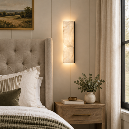 Esker Carved Alabaster Wall Sconce, Black and White Alabaster, in a Nashville modern farmhouse primary bedroom with a tufted headboard
