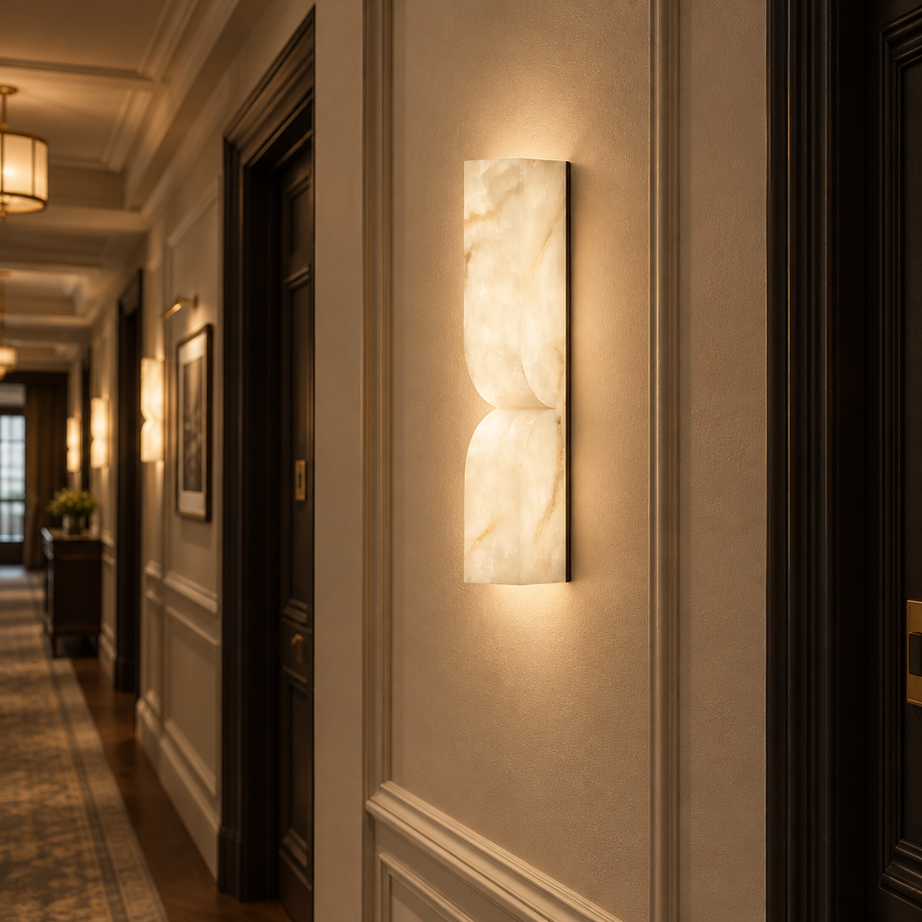 Esker Carved Alabaster Wall Sconce, Black and White Alabaster, in a hotel corridor in a renovated U.S. historic hotel