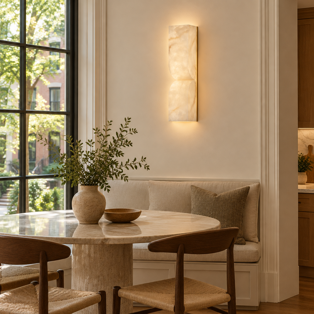 Esker Carved Alabaster Wall Sconce, Gold and White Alabaster, in an Atlanta townhouse breakfast nook with a round table