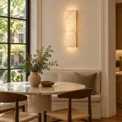 Esker Carved Alabaster Wall Sconce, Gold and White Alabaster, in an Atlanta townhouse breakfast nook with a round table