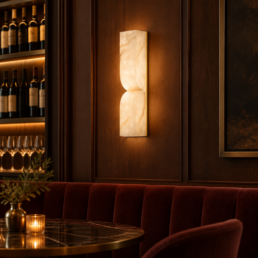Esker Carved Alabaster Wall Sconce, Gold and White Alabaster, in an intimate wine bar with dark wood and velvet seating