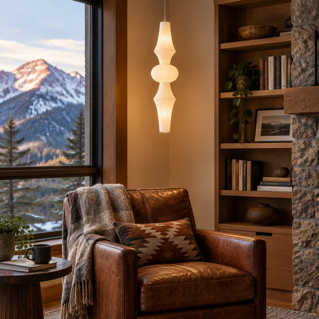 Kumo Washi Paper Pendant Light in a Colorado mountain home reading nook with a leather armchair