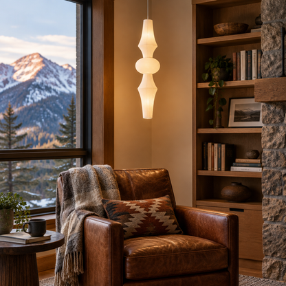 Kumo Washi Paper Pendant Light in a Colorado mountain home reading nook with a leather armchair
