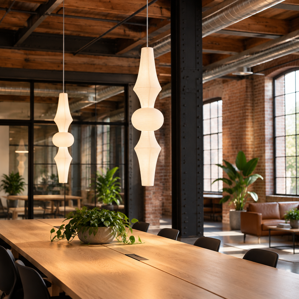 Kumo Washi Paper Pendant Light in a co-working space in a converted warehouse