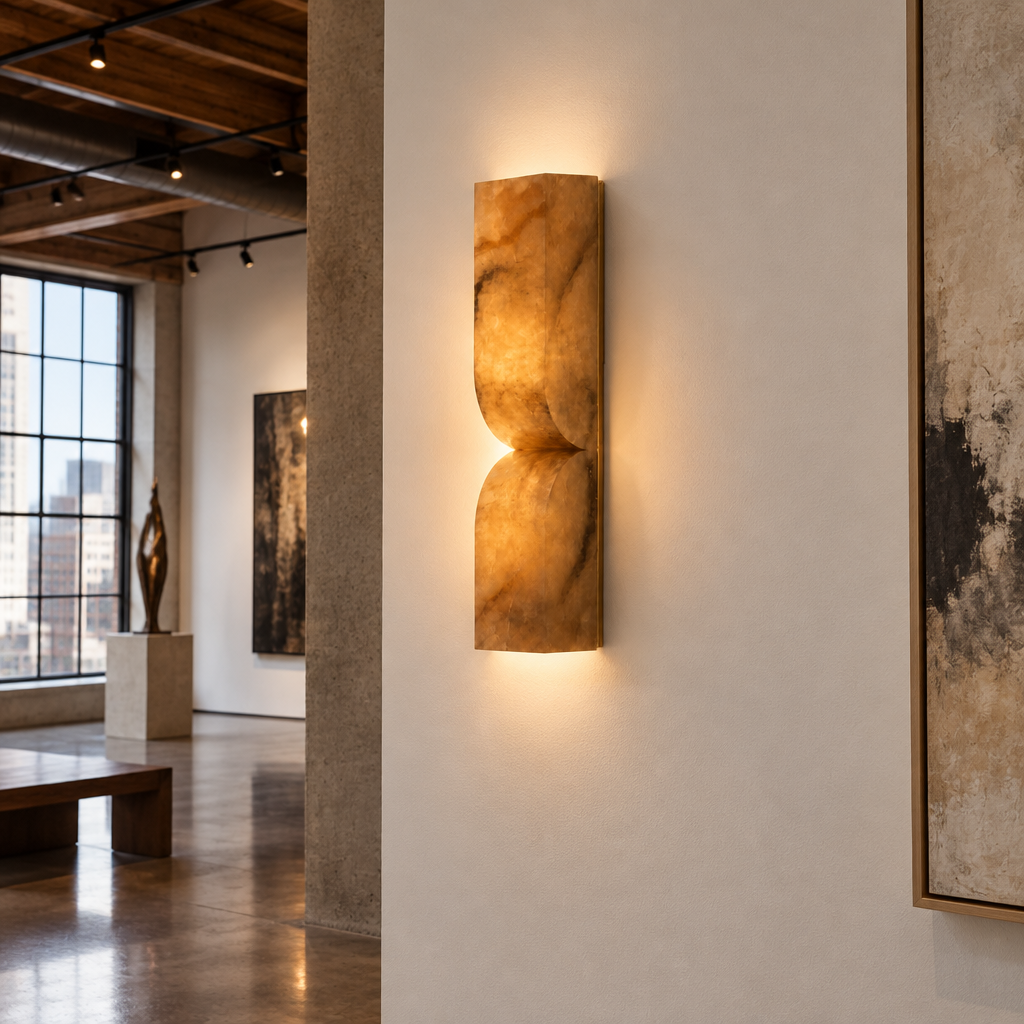 Esker Carved Alabaster Wall Sconce, Gold and Brown Alabaster, in an art gallery in a converted downtown loft