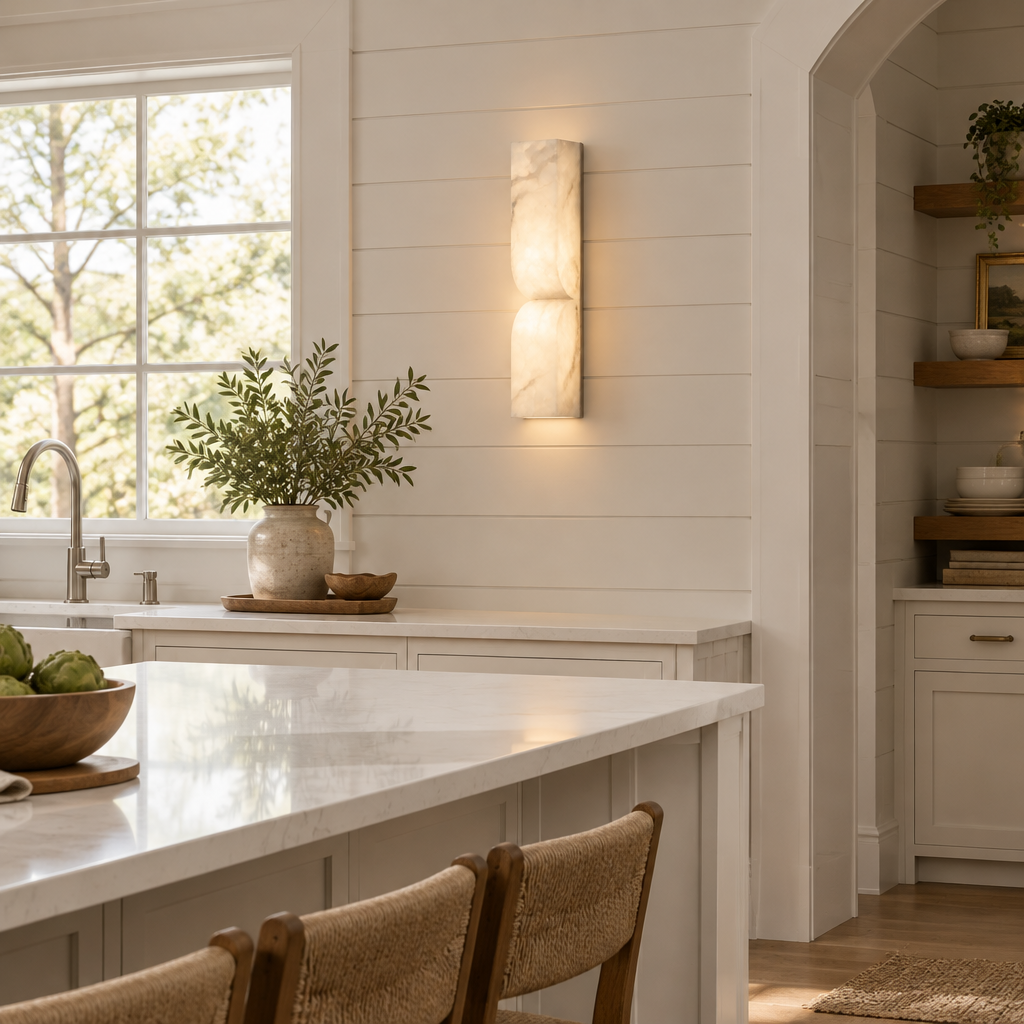 Esker Carved Alabaster Wall Sconce, Nickel and White Alabaster, in a modern farmhouse kitchen with a white quartz island and shiplap walls