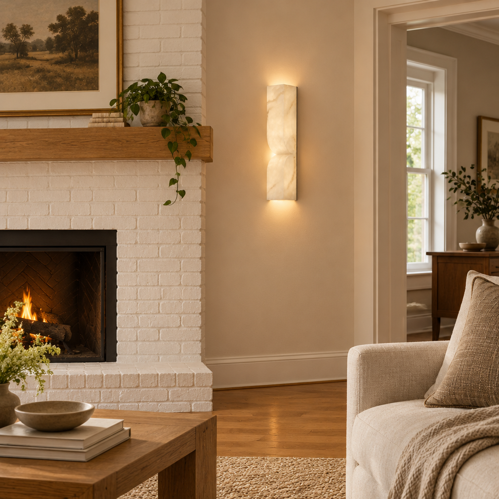 Esker Carved Alabaster Wall Sconce, Nickel and White Alabaster, in a cozy American suburban living room with a white brick fireplace and oak floors