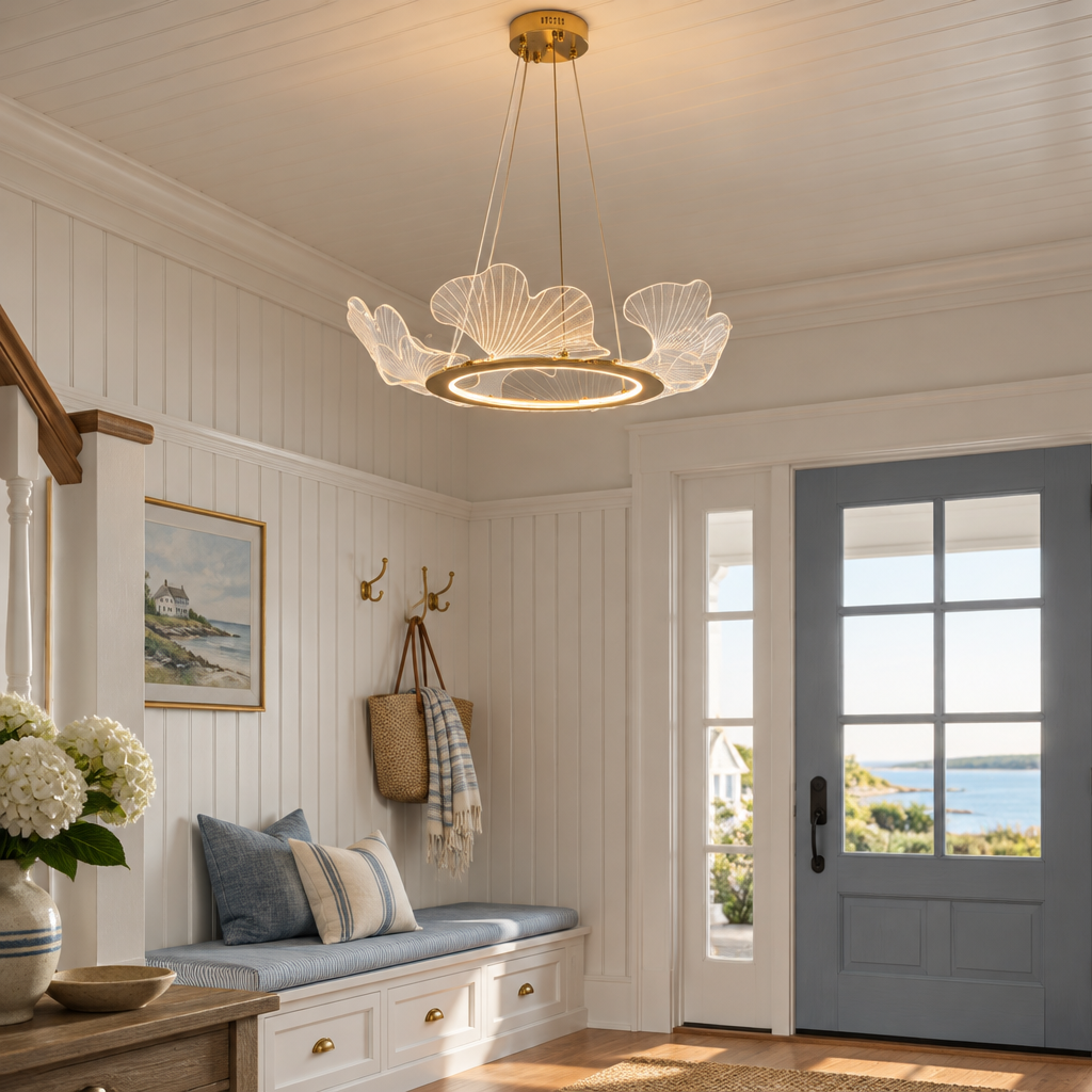Undine Gold Leaf LED Chandelier in a coastal New England cottage entryway with beadboard and a bench