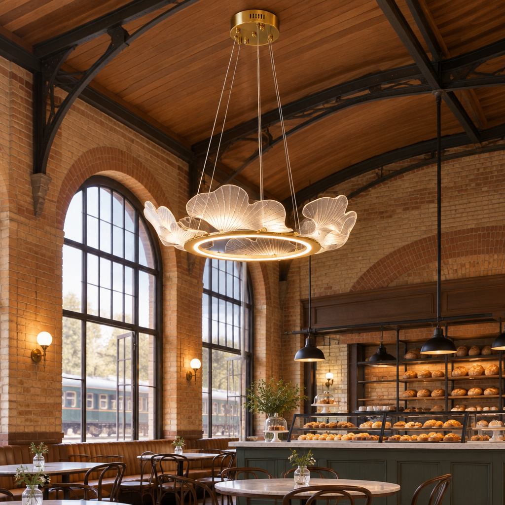 Undine Gold Leaf LED Chandelier in a bakery cafe in a renovated American train depot