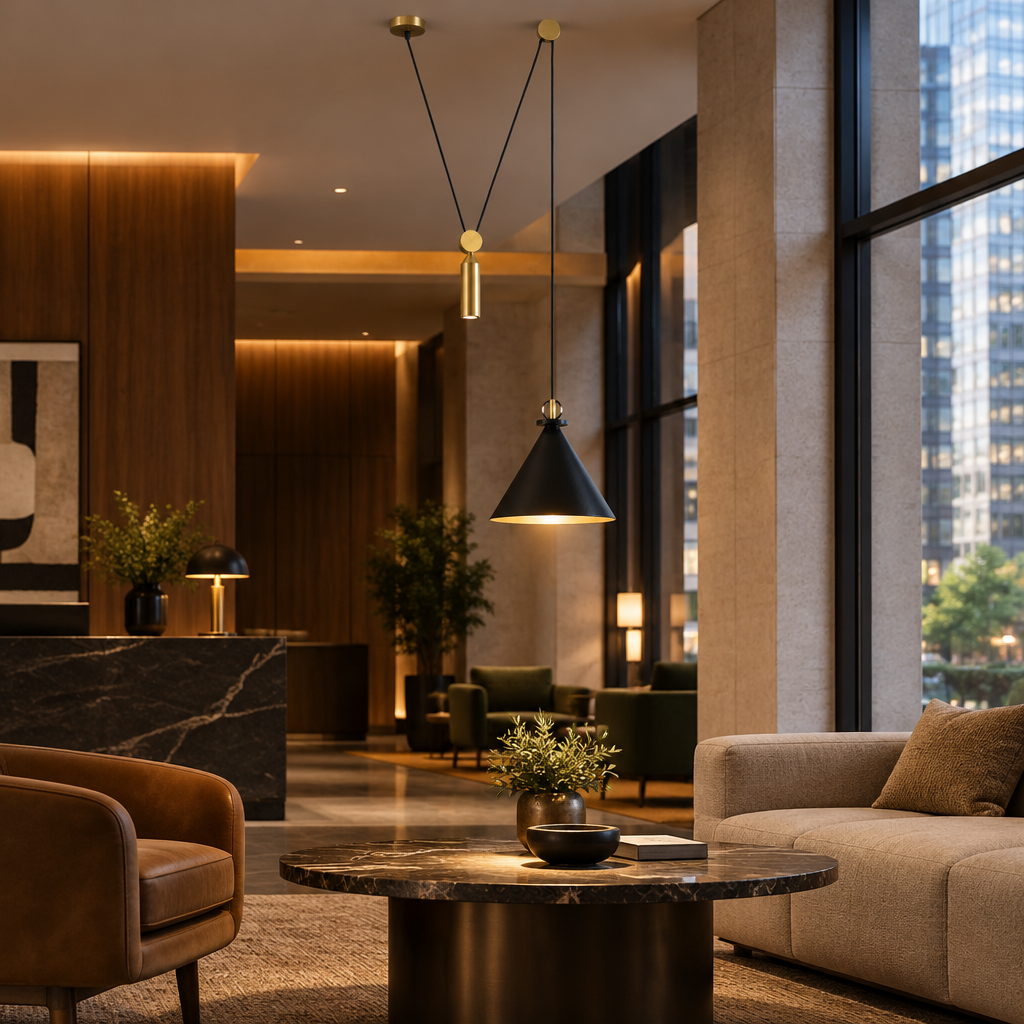 Kubik Geometric Modular Chandelier, Section A Black, in a boutique hotel lobby lounge in a downtown U.S. city building
