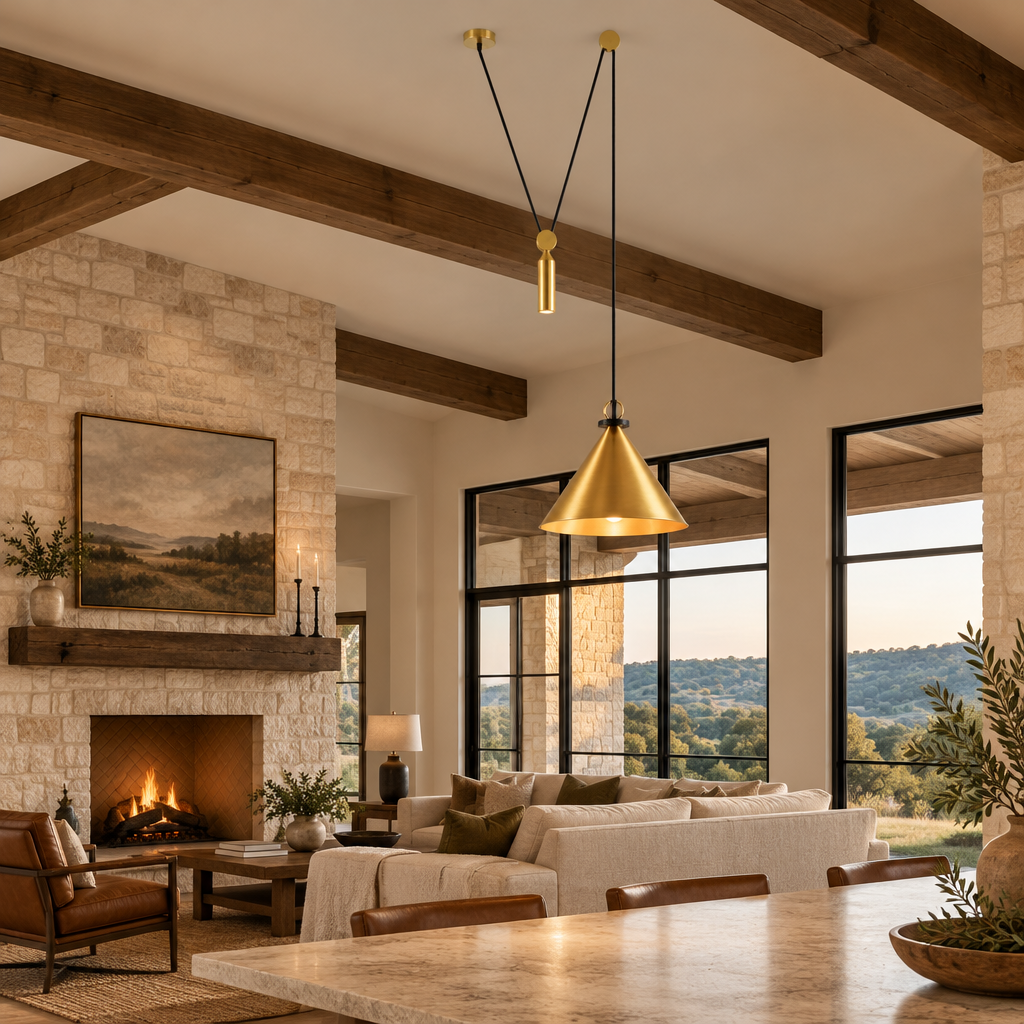 Kubik Geometric Modular Chandelier, Section A Gold, in a Texas hill country great room with exposed beams and limestone accents