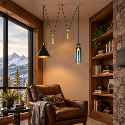 Kubik Geometric Modular Chandelier, Section E Gold Blue Black, in a Colorado mountain home reading nook with a leather armchair