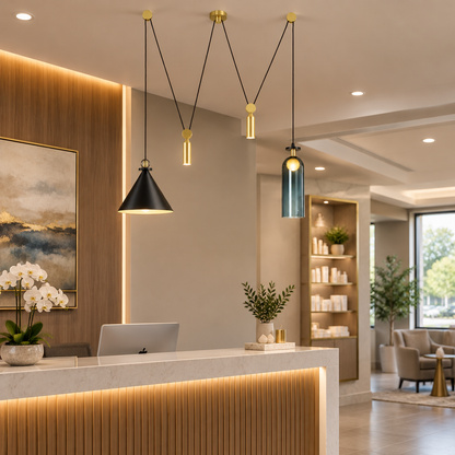 Kubik Geometric Modular Chandelier, Section E Gold Blue Black, in a medical spa reception area in a suburban office park