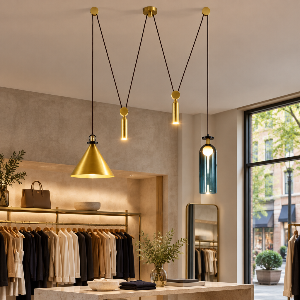 Kubik Geometric Modular Chandelier, Section D Gold Blue, in a boutique clothing store in a U.S. shopping district