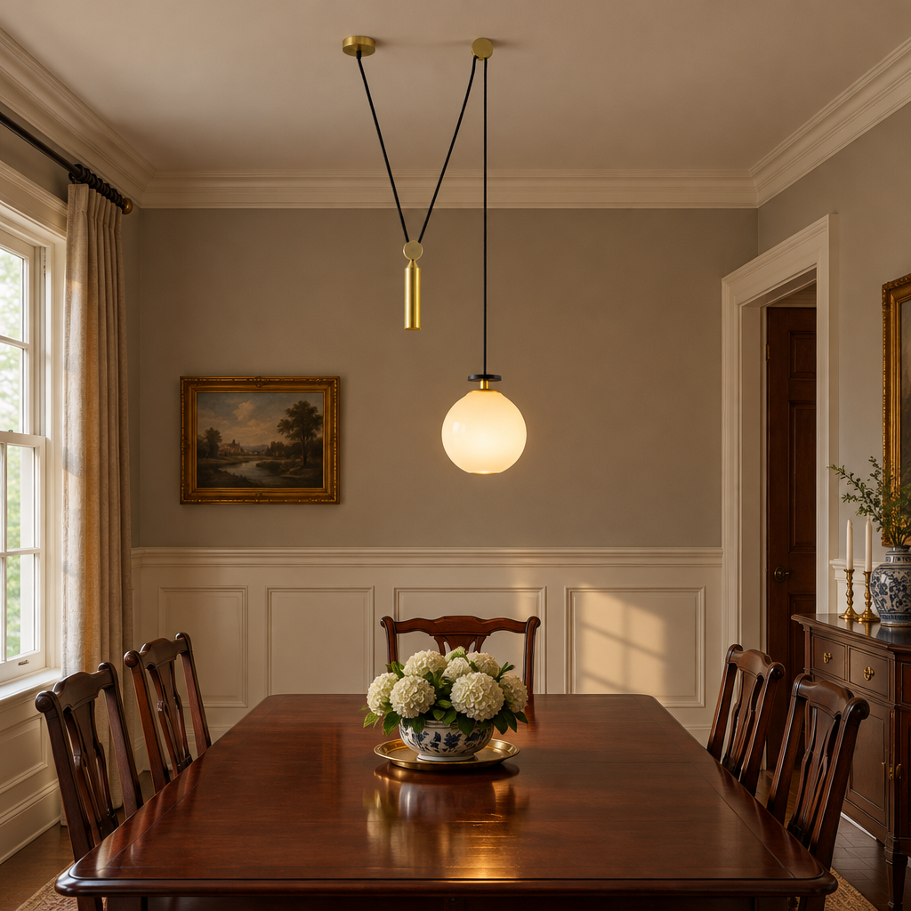 Kubik Geometric Modular Chandelier, Section B Gold White, in a colonial style dining room with wainscoting and a mahogany table
