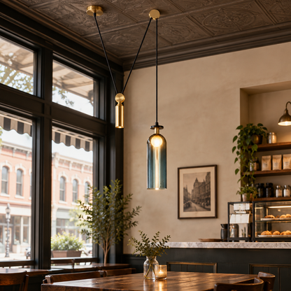 Kubik Geometric Modular Chandelier, Section C Gold Blue, in a coffee shop in a historic Main Street storefront