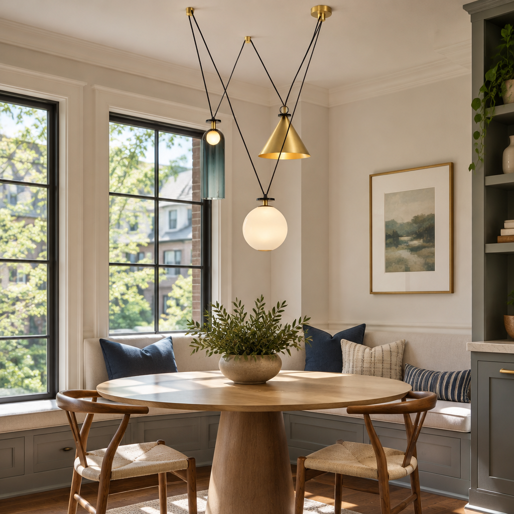 Kubik Geometric Modular Chandelier, Section F Gold Blue White, in an Atlanta townhouse breakfast nook with a round table