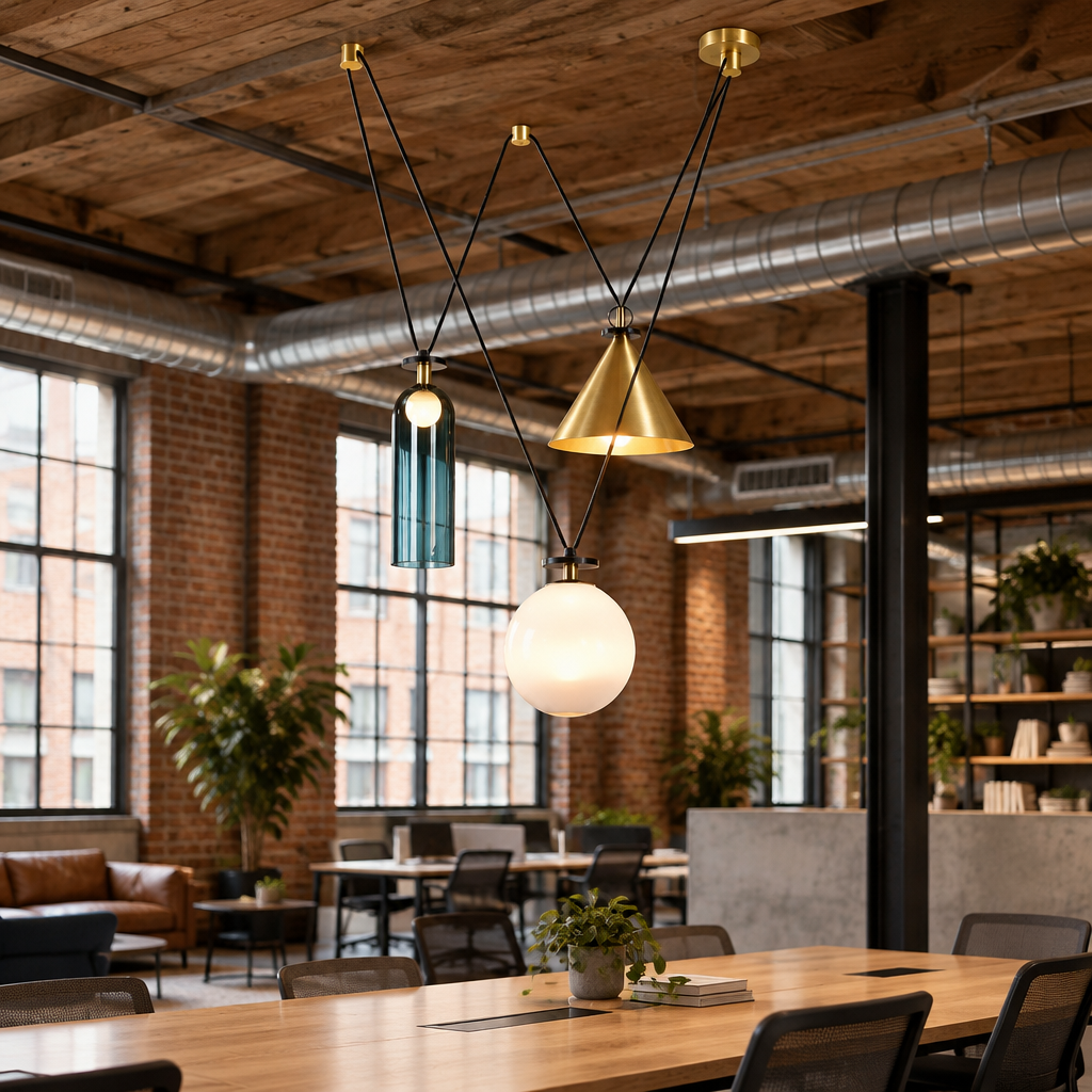 Kubik Geometric Modular Chandelier, Section F Gold Blue White, in a co-working space in a converted warehouse