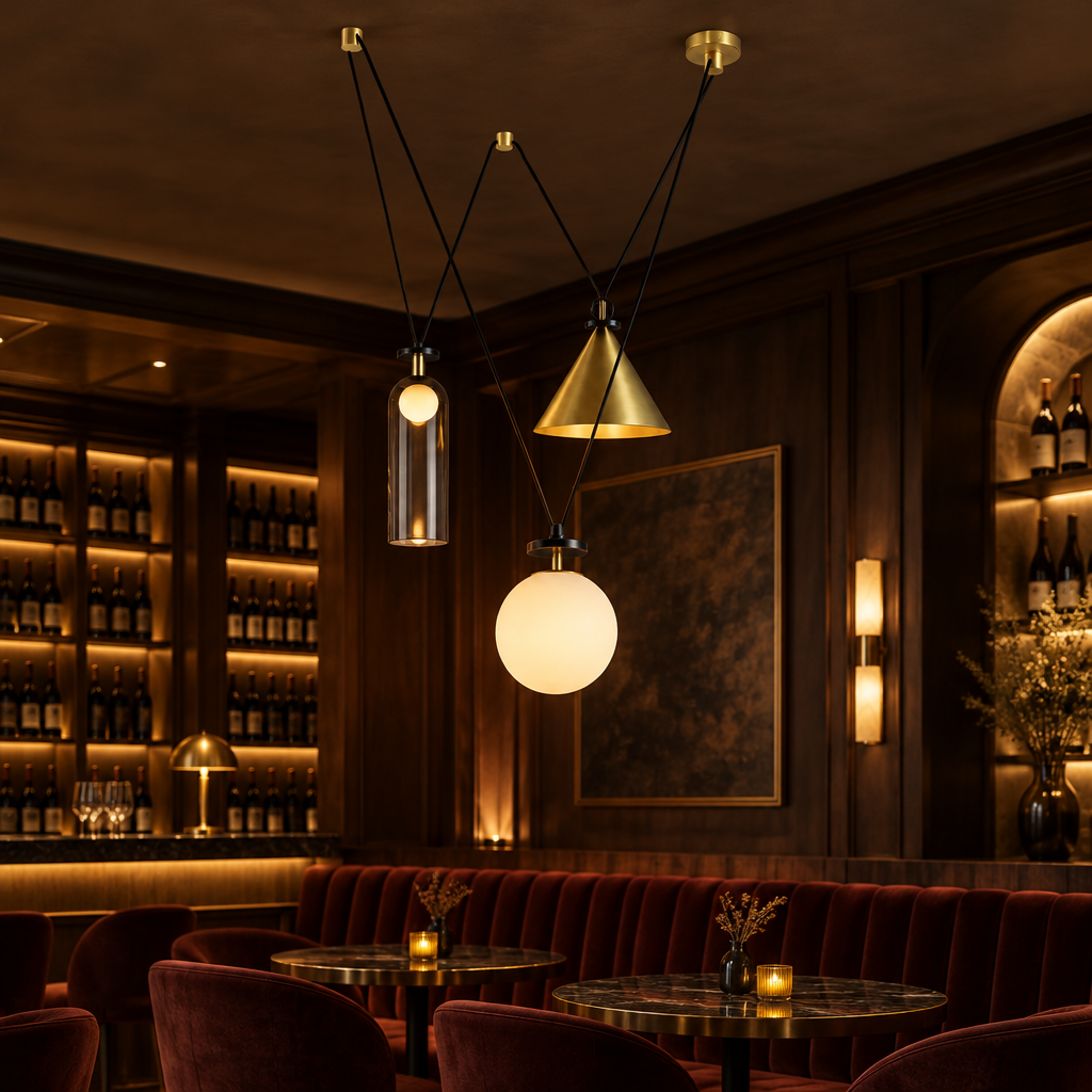 Kubik Geometric Modular Chandelier, Section F Gold Black White, in an intimate wine bar with dark wood and velvet seating