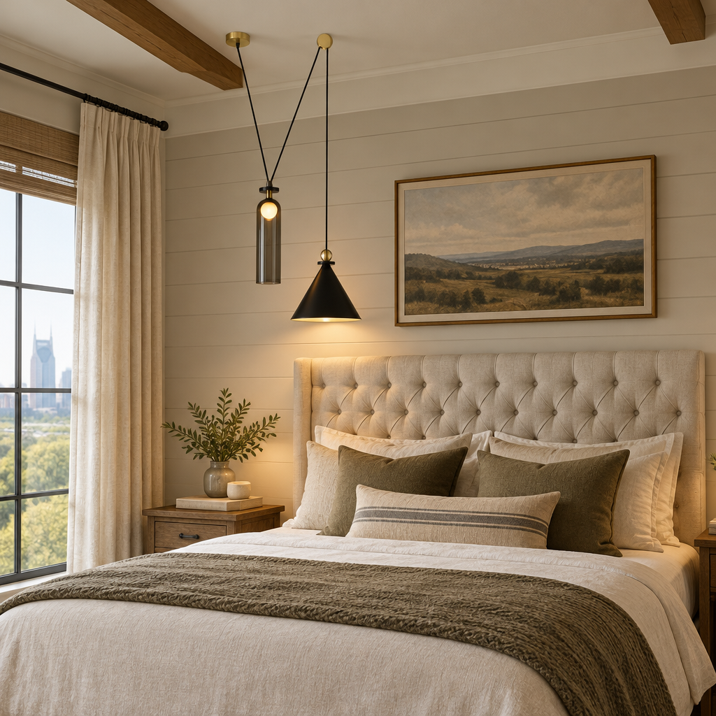 Kubik Geometric Modular Chandelier, Section J Grey Black, in a Nashville modern farmhouse primary bedroom with a tufted headboard
