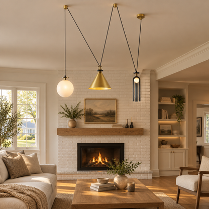 Kubik Geometric Modular Chandelier, Section K Gold Grey White, in a cozy American suburban living room with a white brick fireplace and oak floors