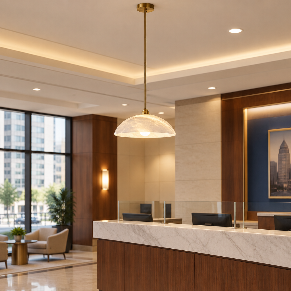 Dahlia Alabaster Dome Pendant Light, Rod mount, brass and white alabaster, in a bank branch lobby in a U.S. city