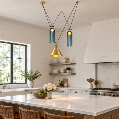 Kubik Geometric Modular Chandelier, Section L Gold Blue, in a modern farmhouse kitchen with a white quartz island and shiplap walls