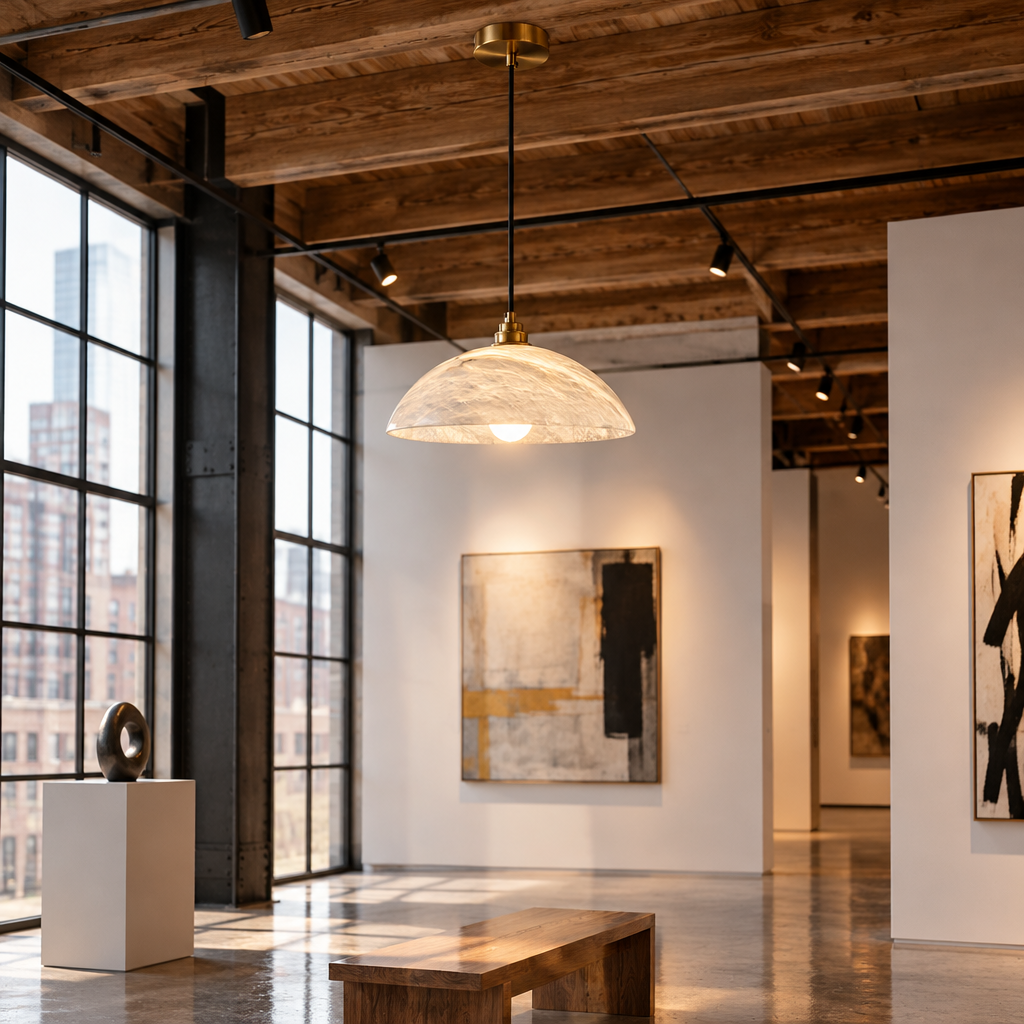 Dahlia Alabaster Dome Pendant Light, Cable mount, brass and white alabaster, in an art gallery in a converted downtown loft