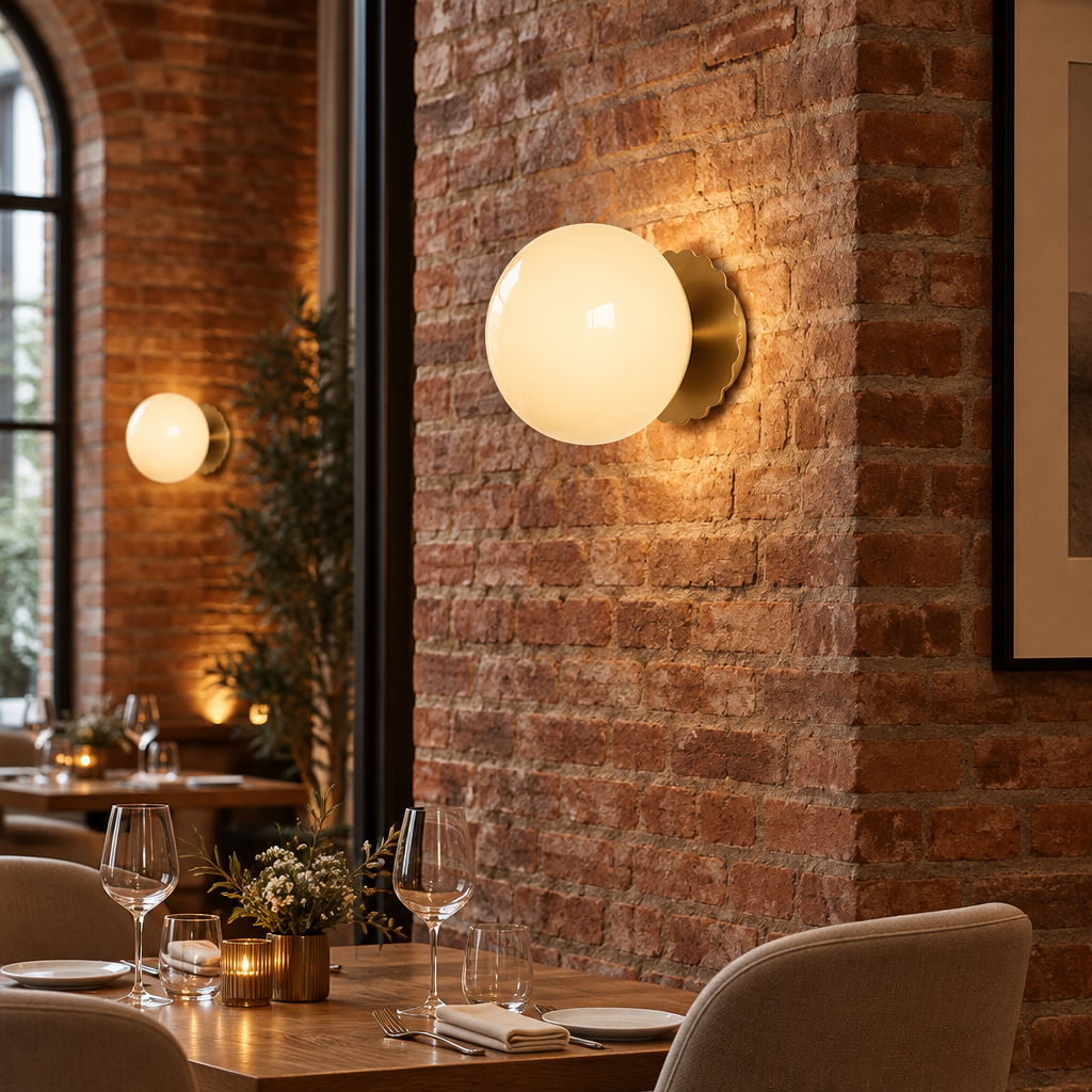 Wisp Glass Wall Sconce, Gold and Beige, in an upscale restaurant dining room in a renovated brick building