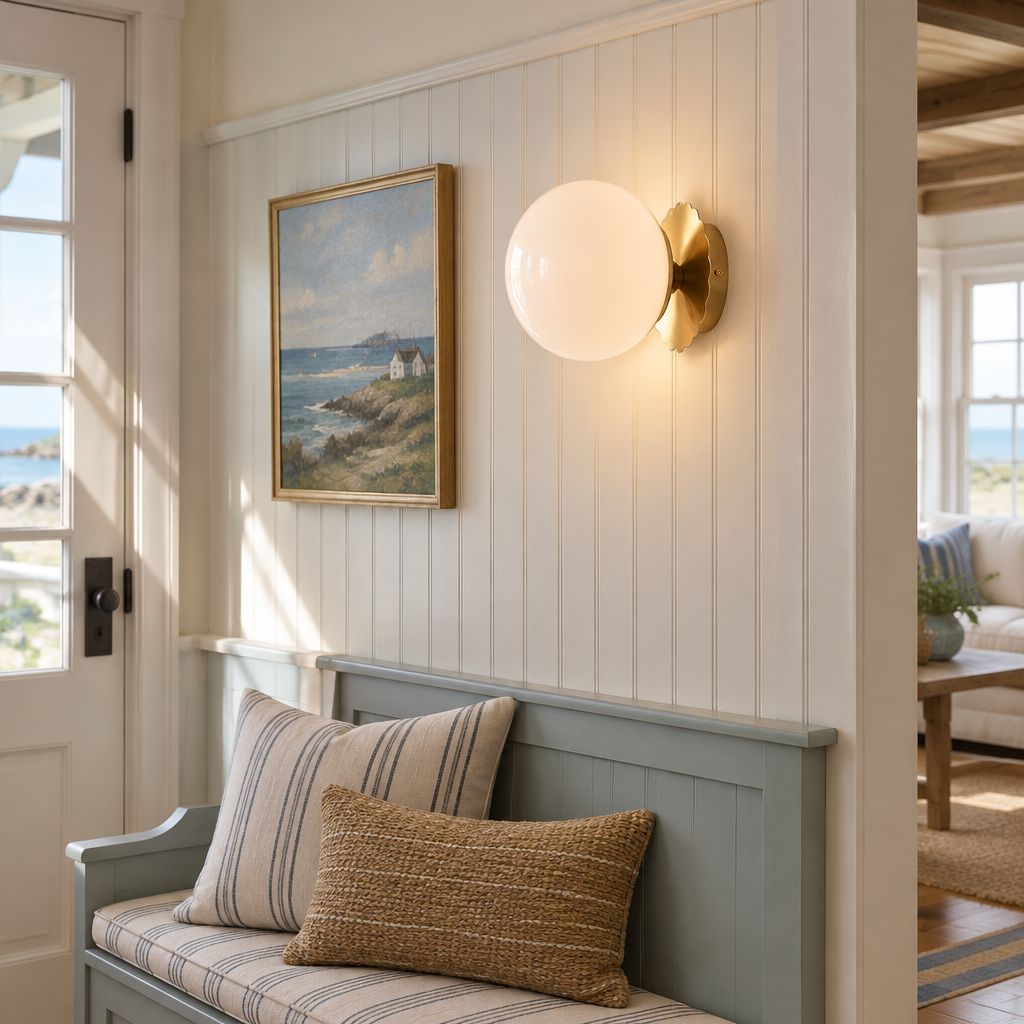 Wisp Glass Wall Sconce, Gold and White, in a coastal New England cottage entryway with beadboard and a bench