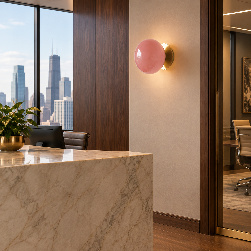 Wisp Glass Wall Sconce, Gold and Pink, in a modern law office reception area in a U.S. high rise